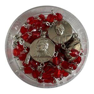 Vintage Pope John Paul II Medal Rosary Necklace Ruby Red Glass Bead Catholic NIB